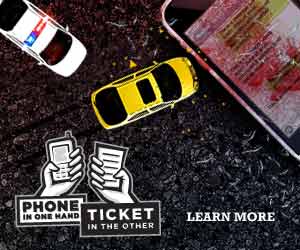 NHTSA Distracted Driving infographic: Phone in one hand ticket in the other-learn more