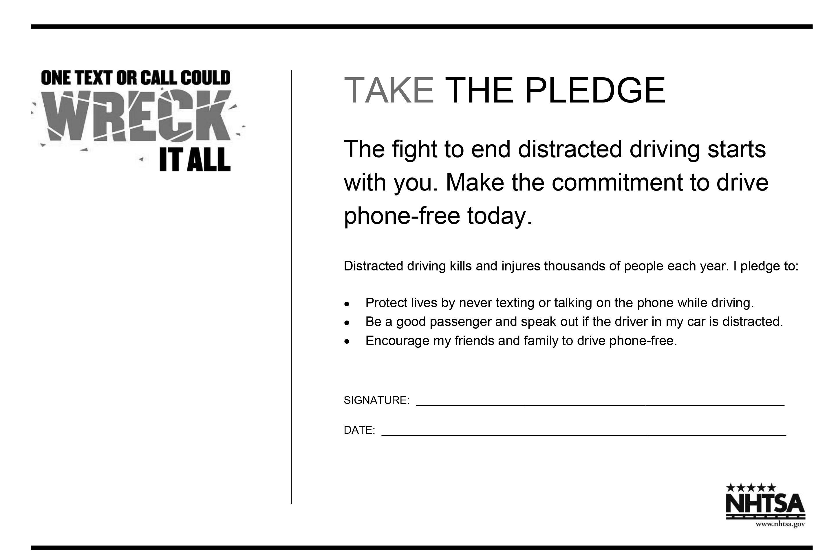 NHTSA Distracted driving: One Text or Call could Wreck it All pledge cards